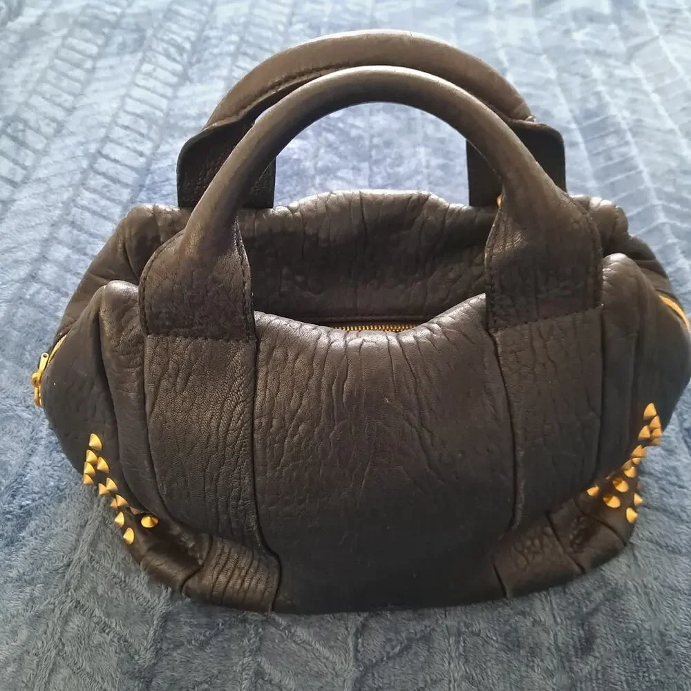 MCM Keana Boston Studded 2-Way Satchel Handbag Shoulder Bag Black Leather